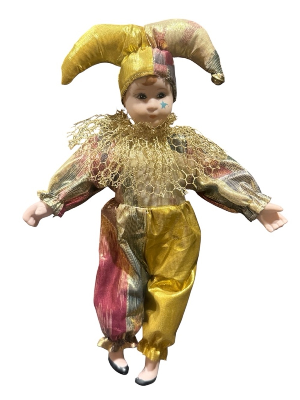 Vintage 10” Jester Painted Porcelain Clown Doll In Gold Multicolor